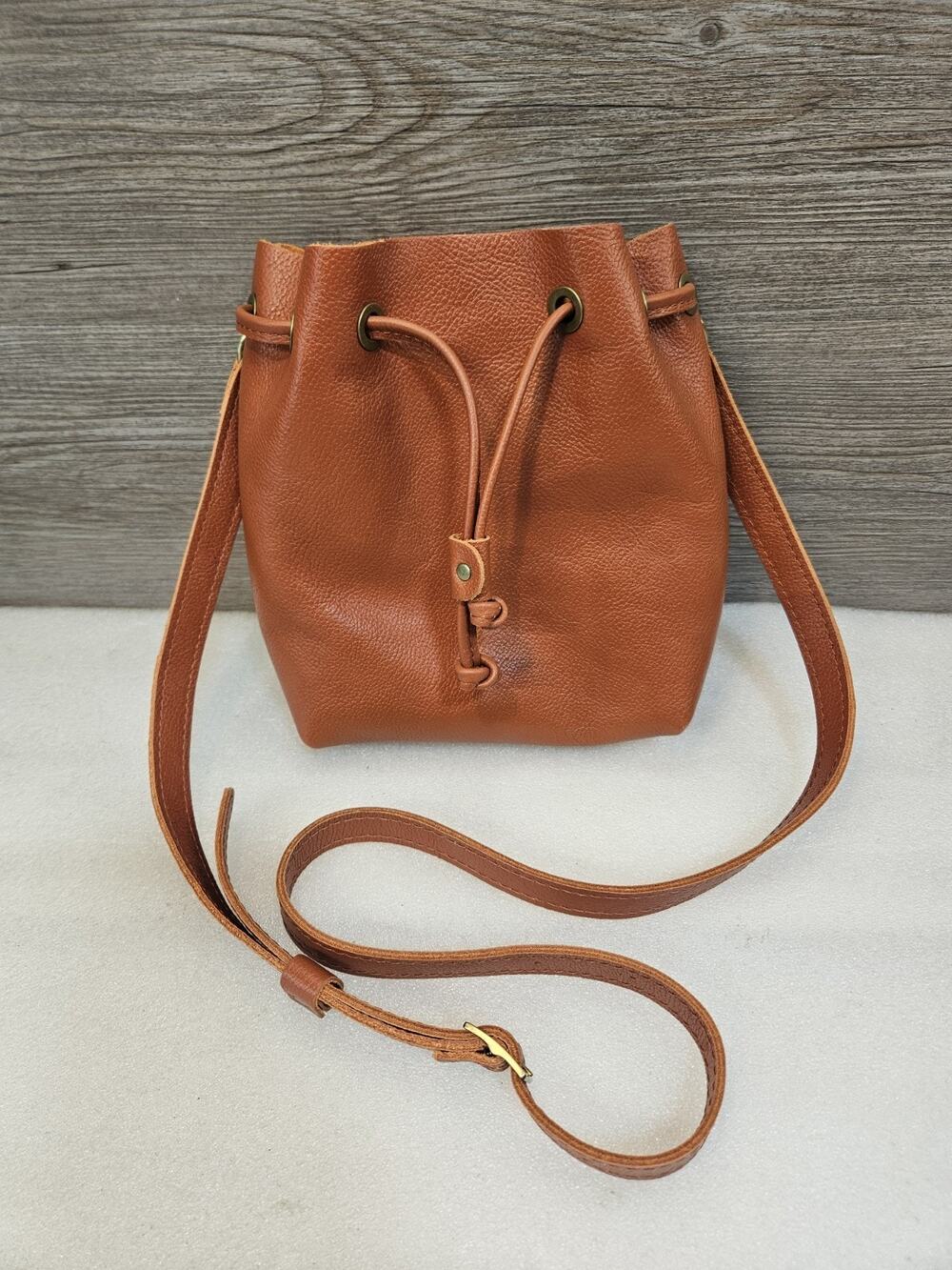 Portland Leather Unicorn Bucket Bag Cognac Brown Leather Crossbody Drawstrng Bag
